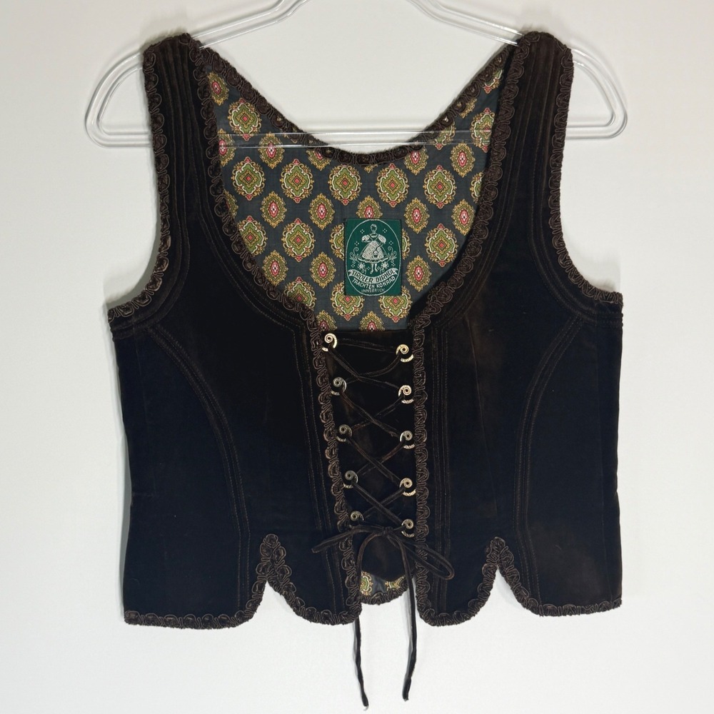 Vintage Tiroler Dirndl Trachten Velvet Vest Brown Lace Up Austrian Womens - Picture 3 of 16